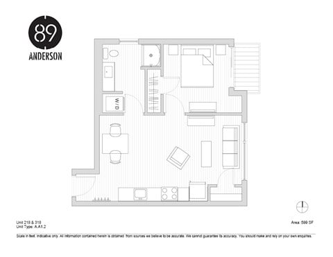Floor plan for 1 bed, 1 bath, 599 sqft